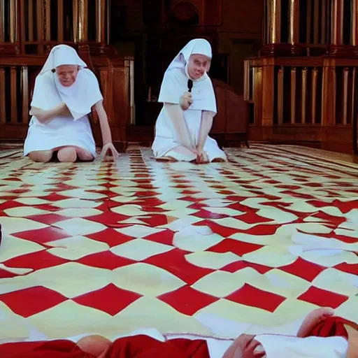 Prompt: award winning photo of nuns playing twister in a sanctuary —width 1024 —height 1024