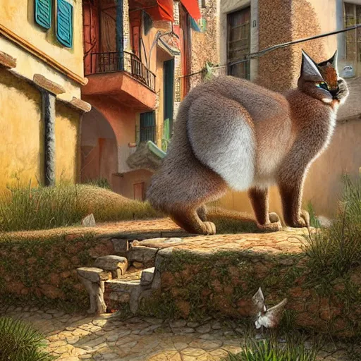 Prompt: cute fluffy caracal in ancient greek town, a beautiful landscape by gediminas pranckevicius