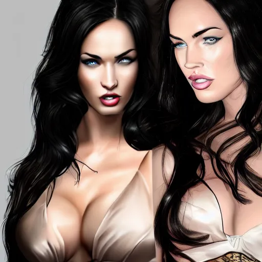 Image similar to dark haired attractive woman fighting with megan fox, photorealistic,