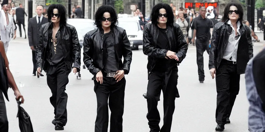 Image similar to michael jackson 2 0 0 9 wearing shades, alone, this is it style, photo real, motion blur, spotted with body guards in london across the road, walking, in the distane, by himself, real life, spotted, ultra realistic face, accurate, 4 k, movie still, uhd, sharp, detailed, cinematic, render, modern