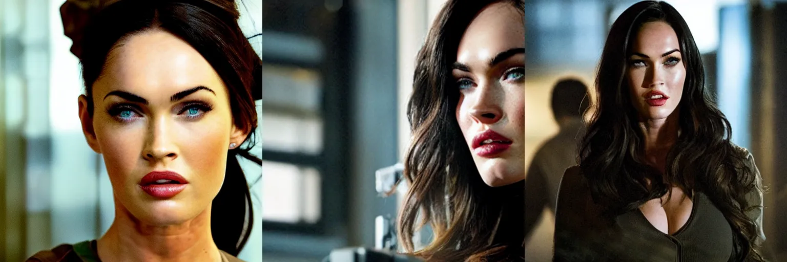 Prompt: close-up of Megan Fox as a detective in a movie directed by Christopher Nolan, movie still frame, promotional image, imax 70 mm footage