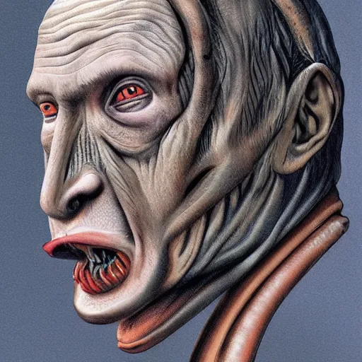 Image similar to portrait by giger of vladimir putin who became an ugly retarded lovecraftian worm monstrosity, photo - realistic, color image, 2 k, highly detailed