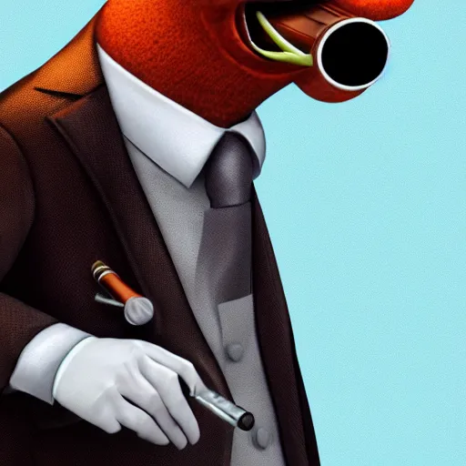 Image similar to a high quality photo of an antropomorphic mafia frog wearing a suit smoking a cigar, 3d scene, render, ultra realistic, artstation, cgsociety