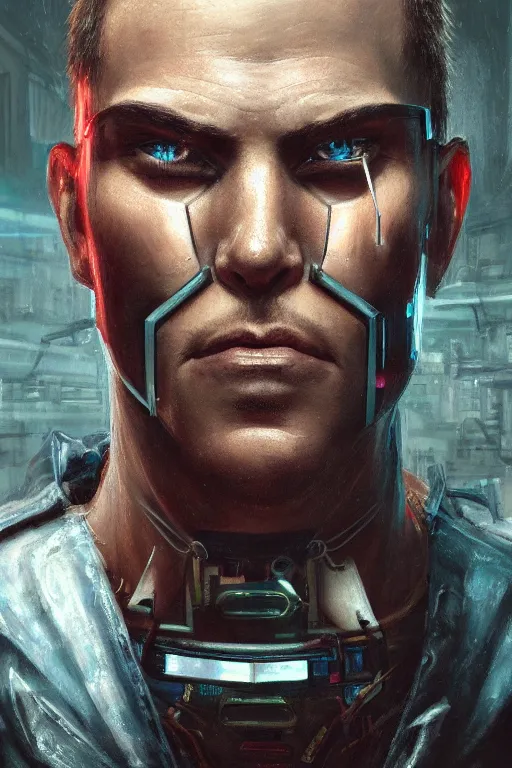 Prompt: illustration of an male cyberpunk character wearing bionic implants, criminal mugshot, mugshot, mugshot, gritty, gritty, highly detailed, oil on canvas, soft lighting, muted, pastel colors, by WLOP and Greg Staples, HD, 4K