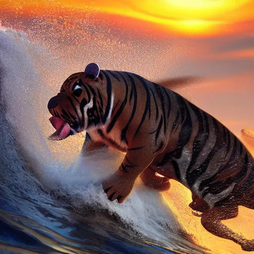 Image similar to a closeup photorealistic photograph of a happy cute tiger hippopotamus riding a large wave during sunset. surf in the background. professional capture. brightly lit scene. this 4 k hd image is trending on artstation, featured on behance, well - rendered, extra crisp, features intricate detail, epic composition and the style of unreal engine.