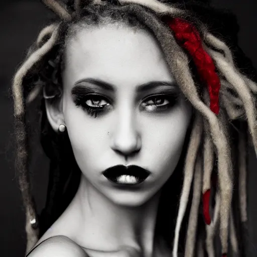 Prompt: photography flawless beautiful instagram female with blonde and red dreadlocks in a black ballgown, dark, piercing eyes, exotic stoic expression, photorealistic, highly detailed, mysterious lighting, smooth, sharp focus, 8 0 mm camera