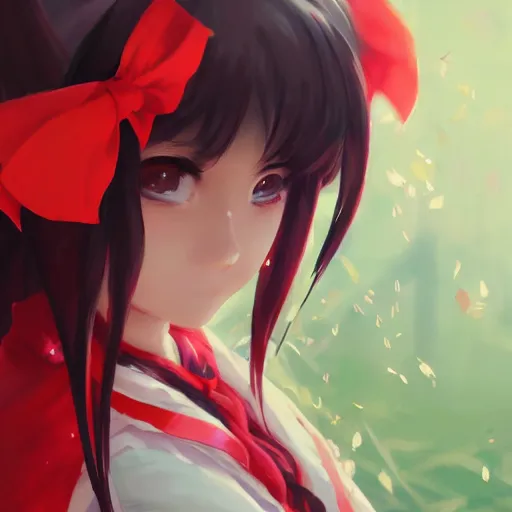 Prompt: artwork portrait of reimu hakurei from touhou project, sparkling eyes reimu hakurei touhou artwork by greg rutkowski makoto shinkai sakimichan key art 4 k 8 k ultrahd trending award winning