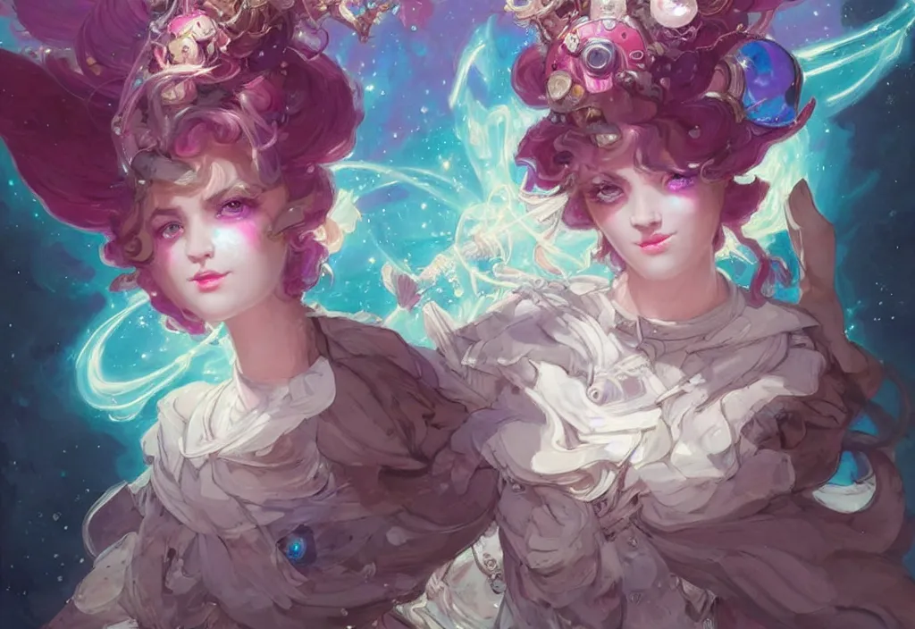Image similar to close up picture of an maximalist dress magical girl, neat hair with bangs, smug face, fist to camera, extremely beautiful and aesthetic and detailed cute face and eyes, wipe out evils with cute astronaut familiar sprites, aming the magical beams, chiaroscuro, intricate, masterpiece, fantasy illustrations by peter mohrbacher and anato finnstark and jeremy lipking