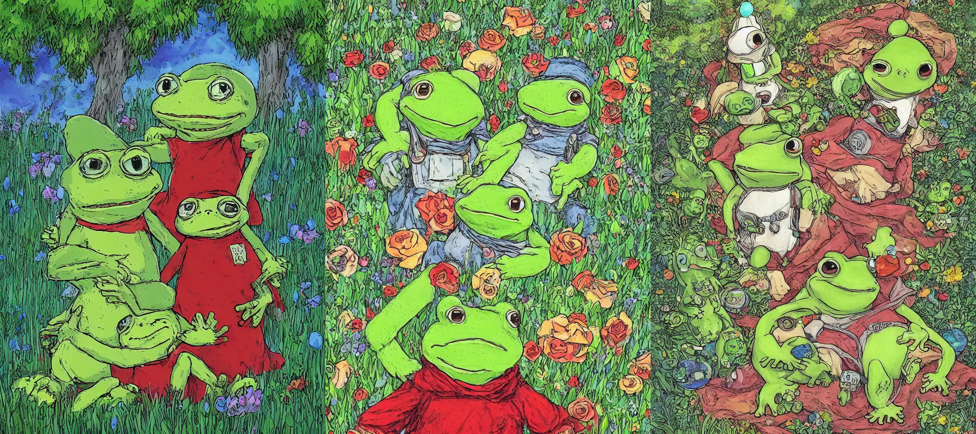 Prompt: high resolution happiness of pepe love and life worlds of love and joy the of field eternal fortune flowers made in abyss Tony DiTerlizzi ivory dream like storybooks pepe the frog happy alone in a field sitting the value of love a clear prismatic sky, red woods Canopy love, warm ,Luminism, prismatic , fractals , pepe the frog , art in the style of Tony DiTerlizzi , Francisco de Goya and Akihito Tsukushi and Gustave dore and Arnold Lobel