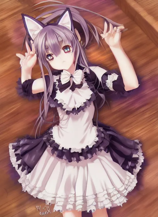 Image similar to nekopara fantastically detailed eyes modern anime style art detailed cat ears cat girl nekomimi dress portrait Laica chrose, made by Hugo Heyrman, Digital matte art, by Oscar-Claude Monet