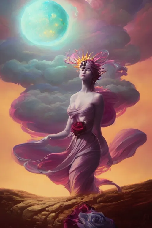 Image similar to the goddess of the sun by Peter mohrbacher, hyper realistic, octane render, stardust in atmosphere, black and purple rose petals , realistic hair, award winning artwork, trending on artstation, high quality printing, fine art with subtle redshift rendering