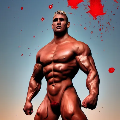 Image similar to a male bodybuilder red devil wears a swimming trunks ,fullbody, hell, landscape,environment, artstation