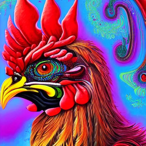 Prompt: an extremely psychedelic portrait of a rooster using a hoodie, surreal, LSD, face, detailed, intricate, elegant, lithe, highly detailed, digital painting, artstation, concept art, smooth, sharp focus, illustration, art by Jason Edmiston