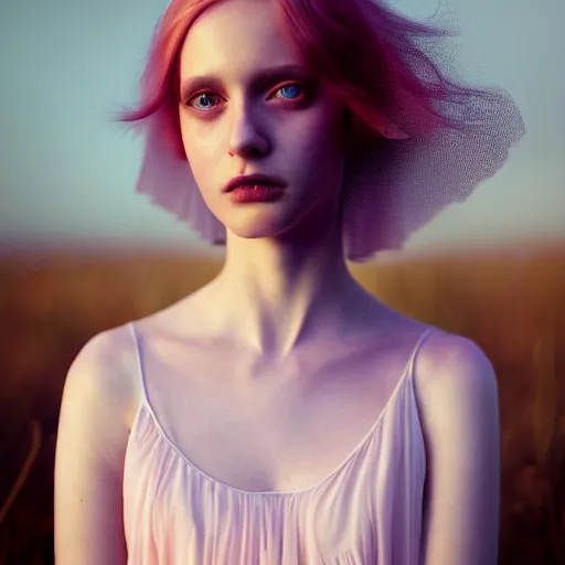 Image similar to photographic portrait of a stunningly beautiful english emo female in soft dreamy light at sunset, soft forcus, chiffon dress, contemporary fashion shoot, in a tim burton movie, by edward robert hughes, annie leibovitz and steve mccurry, david lazar, jimmy nelsson, extremely detailed, breathtaking, hyperrealistic, perfect face, octane render