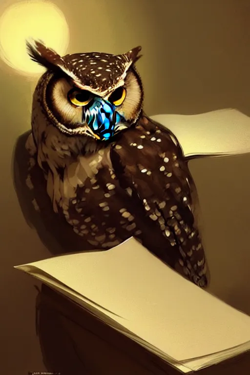 Image similar to An owl falling asleep on his papers he was studying., digital painting, artstation, concept art, soft light, hdri, smooth, sharp focus, illustration, art by tian zi, craig mullins, Mark Arian, WLOP, alphonse mucha