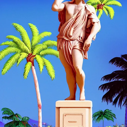 Prompt: a marble statue of a young greek man wearing a toga and his head framed by attractive blond curly hair, in a 1 9 8 0 s tropical neon vintage computer graphics environment, with palm trees and columns, pixelated, vaporwave, pink, blue, tropics, microsoft windows