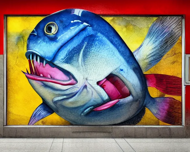 Image similar to an innocent and beautiful scene in hyper realistic style, watercolor and pen oily drawing on wood, of a fat old woman painting a huge colorful fish on the wall, lighting from the barred window. shadows. 4 k. wide angle. wild mood. red mouth, blue eyes. deep focus, lovely scene. ambient occlusion render. unreal engine.