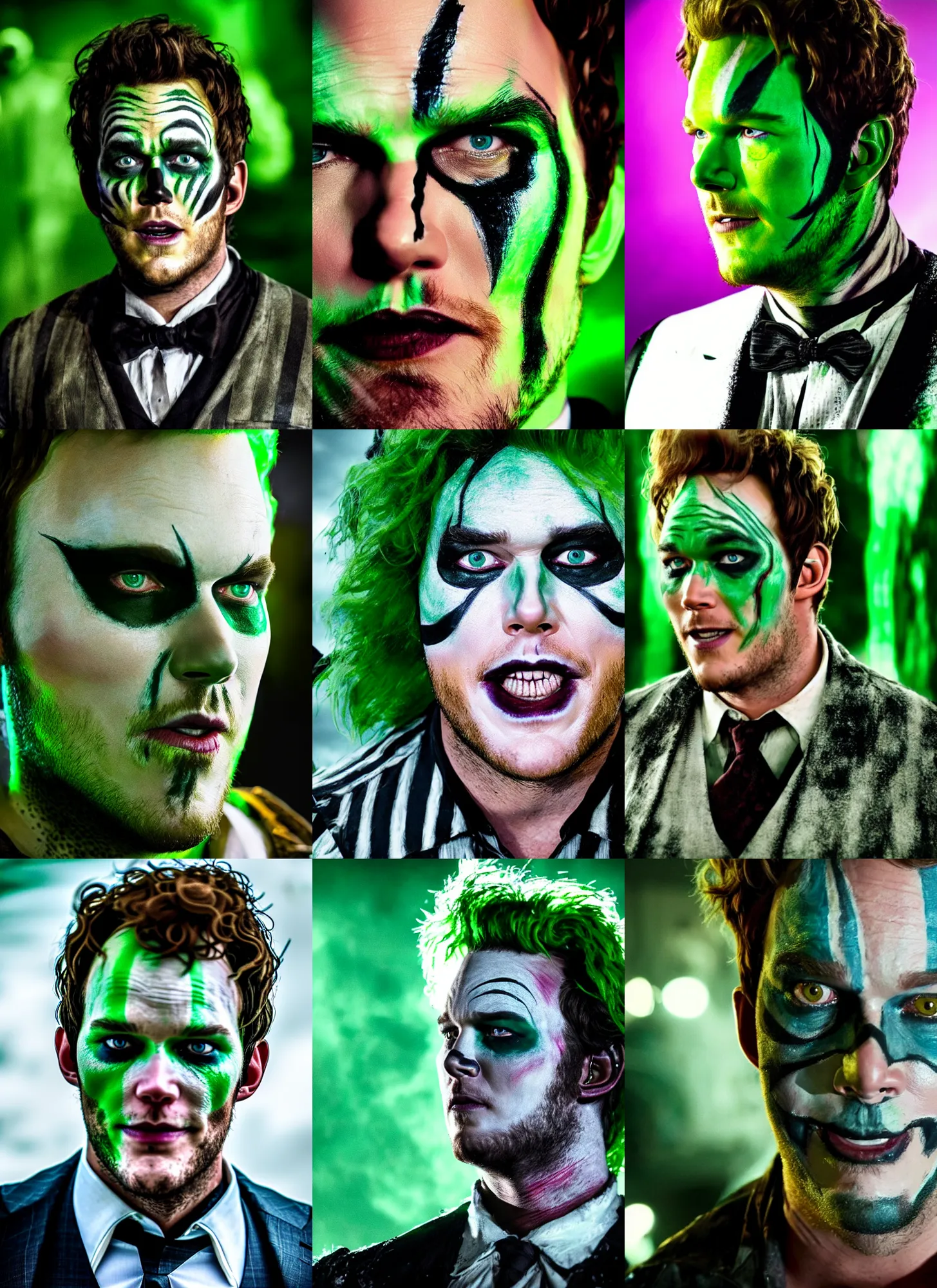 Prompt: a movie still of chris pratt as beetlejuice, detailed, white face paint and black eye shadow, green messy hair, dynamic lighting, 8 k hdr movie still
