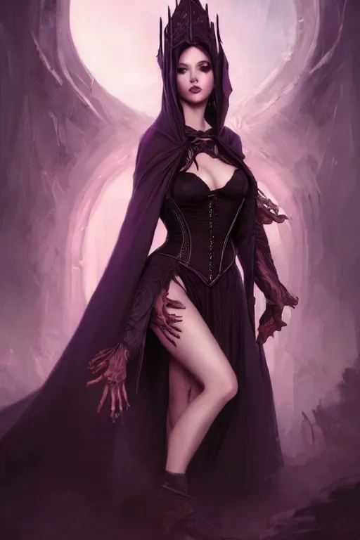 Prompt: Fantasy portrait, Necromancer, female, alluring, beautiful face, dark garments, dark pruple robes, corset, Black cloak from neck to ankles, pin-up, shapely toned derriere, matte painting, by WLOP, artstation