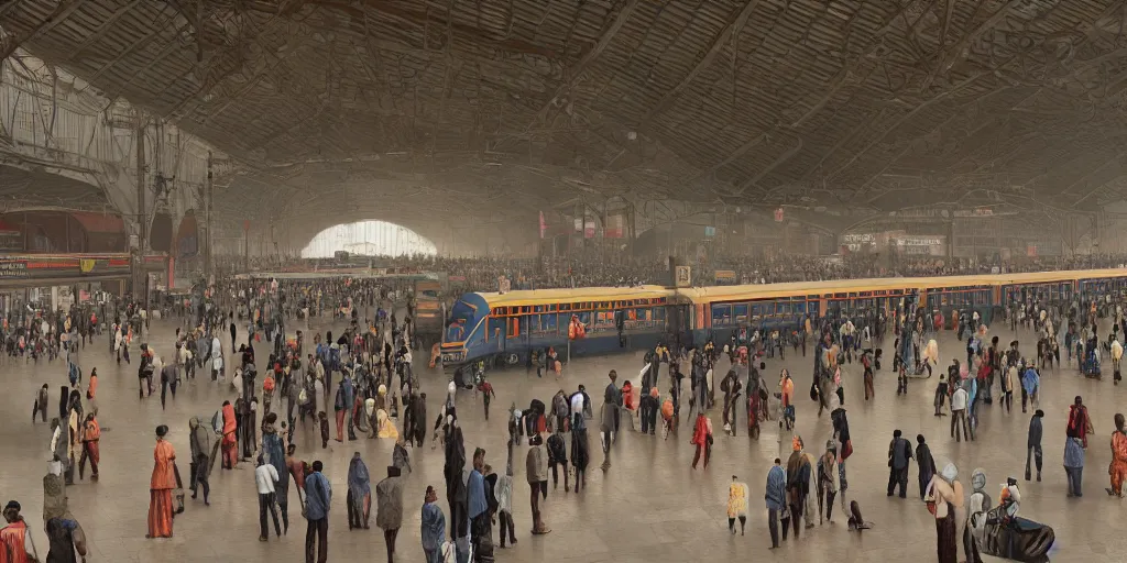 Prompt: cinematic movie scene, establishing shot, interior of an india railway station, bustling with people, sharp focus, unreal engine, octane render, aesthetic