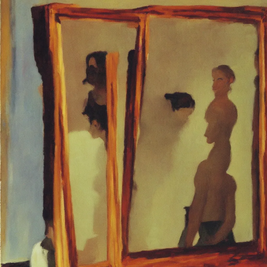 Prompt: seeing her in my mirror when lights in the back room are on and shadows are crawling back into my life, style of Edward Hopper, John Singer Sargant, Francis Bacon, colors of Mark Rothko