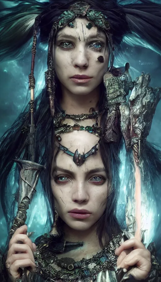 Prompt: epic masterpiece portrait of a dark sorceress with a magic wand, on the battlefield, tribe makeup and jewelry, sweaty skin, hyperrealistic, octane render, cinematic, followed by heads with many faces, beautiful face and flawless skin, perfect hands, emeralds by Edgar Maxence and Ross Tran and Michael Whelan, Legends of Runeterra