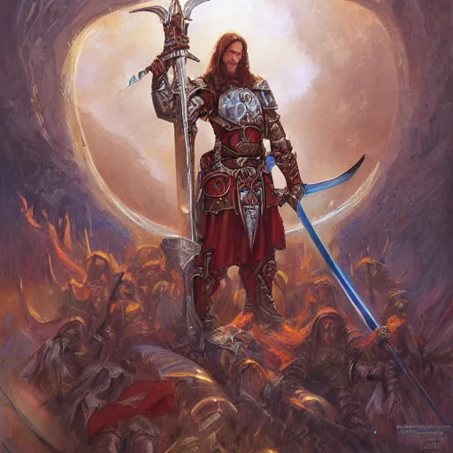 Image similar to Warrior of holy light holding his sword to the heavens as a fantasy D&D character, portrait art by Donato Giancola and James Gurney, digital art, trending on artstation