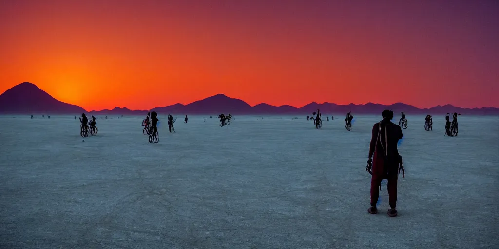 Prompt: of a photography of Burning Man Festival, with blue light dark blue sky, long cloths red like silk, ants are big and they shine on the sunlight, there are sand mountains on the background, a very small oasis on the far distant background along with some watch towers, ants are perfect symmetric insects, man is with black skin, the man have a backpack, the man stands out on the image, the ants make a line on the dunes, the sun up on the sky is strong, the sky is blue and there are some clouds, its like a caravan of a man guiding many ants on the dunes of the desert, colors are strong but calm, volumetric, detailed objects, Arabica style, wide view, 14mm,