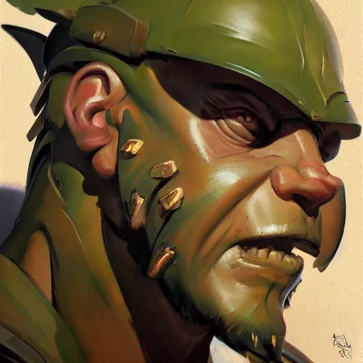 Image similar to greg manchess close - up portrait painting of a ruggedly handsome male dieselpunk orc with olive green skin as an overwatch character, medium shot, asymmetrical, profile picture, organic painting, sunny day, matte painting, bold shapes, hard edges, street art, trending on artstation, by huang guangjian and gil elvgren and sachin teng