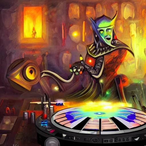 Image similar to fantasy painting of a dj set with turntable in a fantasy dungeon in the style of dnd,