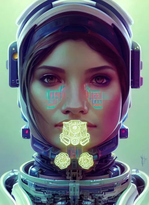 Image similar to symmetry!! portrait of a robot astronaut, tech face, floral! horizon zero dawn machine, intricate, elegant, highly detailed, digital painting, artstation, concept art, smooth, sharp focus, illustration, art by artgerm and greg rutkowski and alphonse mucha, 8 k