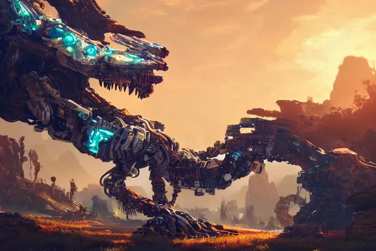 Image similar to snapmaw machine mecanical creature robot of horizon forbidden west horizon zero dawn radiating a glowing aura global illumination ray tracing hdr fanart arstation by ian pesty and alena aenami artworks in 4 k