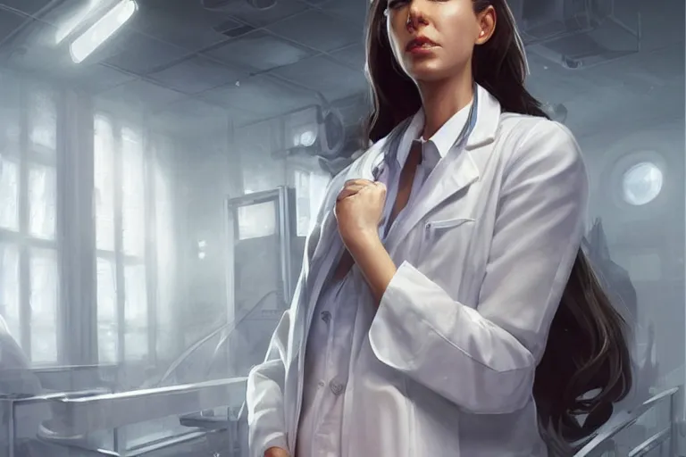 Prompt: a poster of emergency room, an elegant and beautiful female doctor in a white coat, cinematic, highly detailed, digital painting, artstation, concept art, matte, sharp focus, illustration, industrial light and magic, art by artgerm and greg rutkowski