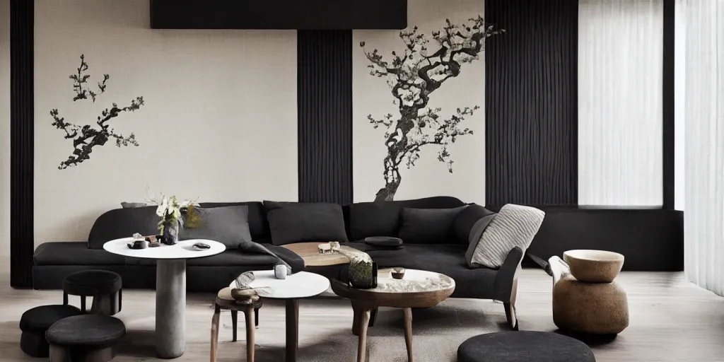 Image similar to lounge and dining room, stone, interior design, stylish luxury hotel living room design, yakisugi, black vertical slatted timber, textures, feminine, black walls, art, Japanese pottery vase with flowers, kakejiku, seasonal, Japanese influences