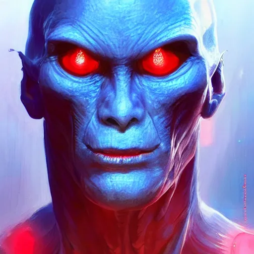 Image similar to Portrait of a tall blue alien, hairless, red glowing eyes, wearing a smooth and intricate biosuit, cinematic lighting, highly detailed, digital painting, artstation, concept art, smooth, sharp focus, illustration, art by Artgerm and Greg Rutkowski, Cgsociety