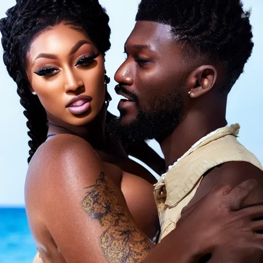 Image similar to realistic, east african man with curly hair next to megan thee stallion, seductive, romantic, dreamy tones, realistic, full body, love, sharp focus, editorial