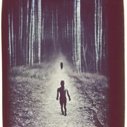 Image similar to old polaroid depicting a grey alien running away from the camera, at a clearing, at dusk