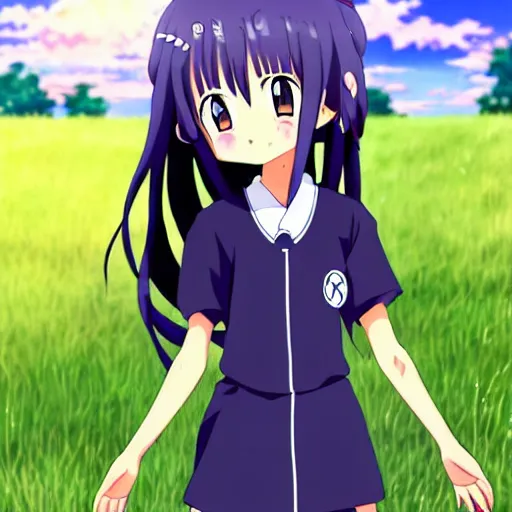 Prompt: A cute young anime girl with long indigo hair, wearing a school soccer uniform, in a large grassy green field, there is a cat next to her, shining golden hour, she has detailed black and purple anime eyes, extremely detailed cute anime girl face, she is happy, child like, Japanese shrine in the background, Higurashi, black anime pupils in her eyes, Haruhi Suzumiya, Umineko, Lucky Star, K-On, Kyoto Animation, she is smiling and happy, tons of details, stretching her legs on the grass, doing splits and stretching, chibi style, extremely cute, she is smiling and excited, her hands are placed on her thighs