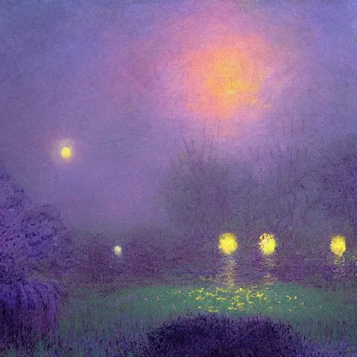 Image similar to mystical kew gardens, mist, full moon, by paul lehr, monet