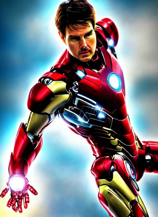 Image similar to tom cruise as ironman, in marvel movie, hipher realistic photography.