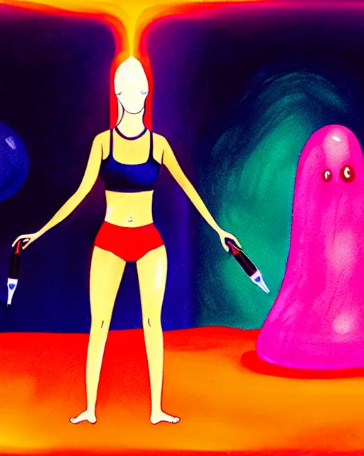 Image similar to bemused to be momentarily sacrificed by a flesh-eating blob creature, hands restrained above her head, a young woman with medium length bright blonde hair and slender figure in a black silk tank top and navy blue gym shorts in complete focus, looking upwards in a room of lava lamps, complex artistic color ink pen sketch illustration, professional composition, subtle detailing, gentle shadowing, fully immersive reflections in her eyes, concept art by Artgerm and Range Murata in collaboration.