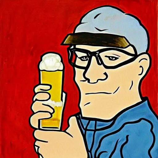 Prompt: hank hill drinking a beer, painting by van gogh