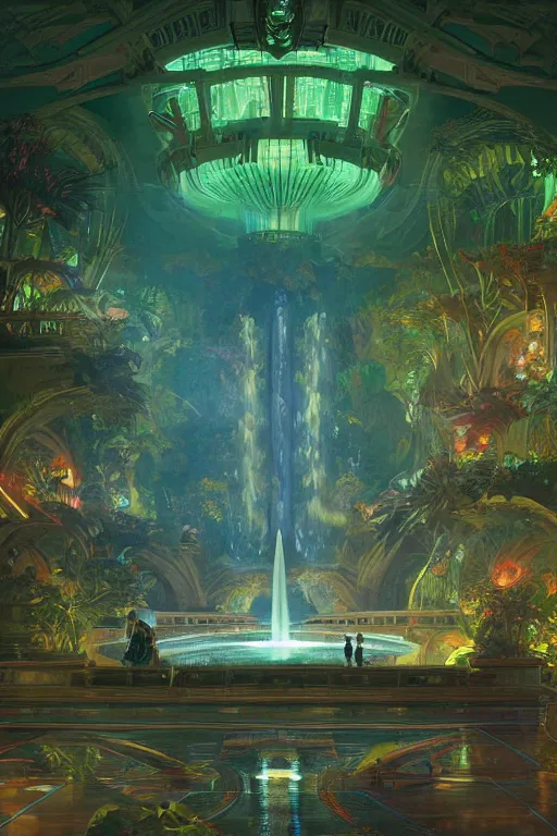 Prompt: Concept Digital Art Highly detailed Alien Art Deco Cybertron lazy river inside of the Palace of the Primes with glowing green water at night by greg rutkowski, Ilya repin, alphonse mucha, and Edmund Blair Leighton. Very highly detailed 8K, octane, Digital painting, the golden ratio, rational painting, sharp