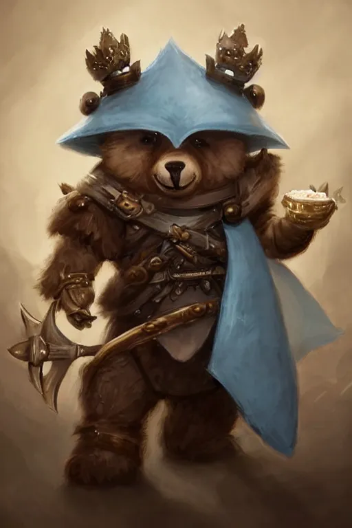 Image similar to cute little anthropomorphic bear knight wearing a cape and a crown, tiny, small, miniature bear, baby animal, short, pale blue armor, cute and adorable, pretty, beautiful, DnD character art portrait, matte fantasy painting, DeviantArt Artstation, by Jason Felix by Steve Argyle by Tyler Jacobson by Peter Mohrbacher, cinematic lighting