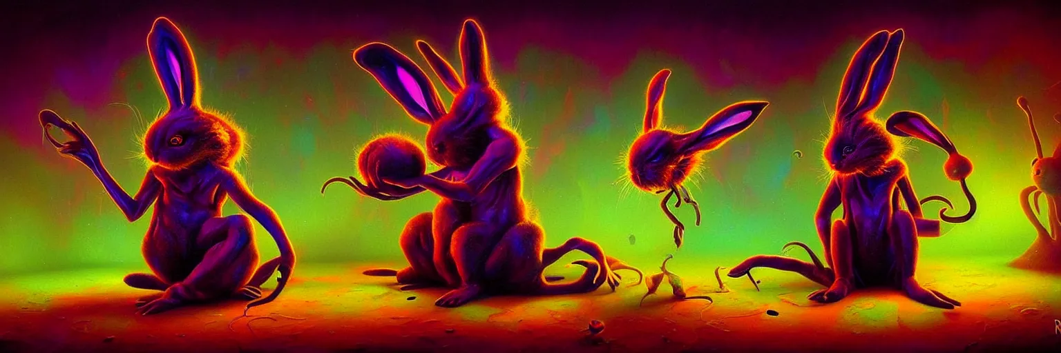 Image similar to strange alien bunny creatures from the depths of the collective unconscious, dramatic lighting, surreal darkly colorful painting by ronny khalil