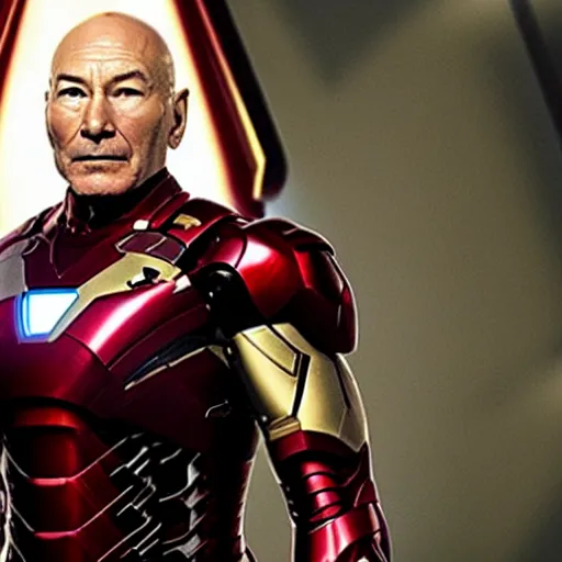 Image similar to a film still of Patrick Stewart as Iron Man in the new Iron Man film