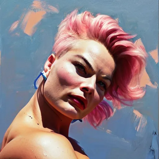 Image similar to greg manchess portrait of margot robbie as thick very muscular weightlifter zarya from overwatch with ponytail and curly pink hair, medium shot, asymmetrical, profile picture, organic painting, sunny day, matte painting, bold shapes, hard edges, street art, trending on artstation, by huang guangjian and gil elvgren and sachin teng