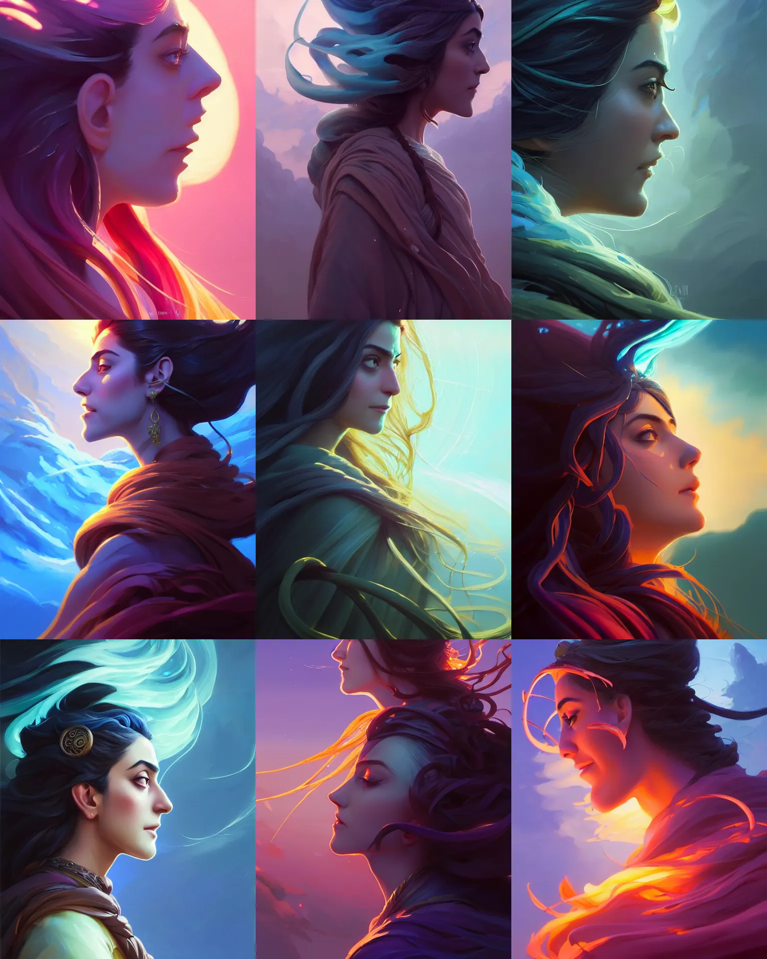 Prompt: side profile centered painted portrait, Maya Ali as a Elden Ring wind mage, glowing wind tendrils, D&D, matte painting concept art, beautifully backlit, official fanart, 4k, HDR, Trending on artstation, Behance, Art Nouveau, chromatic colours, by Jesper Ejsing and RHADS and Makoto Shinkai and Lois van baarle and ilya kuvshinov and rossdraws and Cushart Krentz and Gilleard James