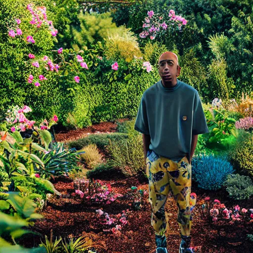 Prompt: a photo of tyler the creator standing in the middle of a garden, dramatic, ektachrome, vintage, wide angle, ultra - wide angle, warm color palette, light mode, 2. 5 - dimensional, 1 6 k, ultra - hd, megapixel, cga, rays of shimmering light, mist, screen space reflections