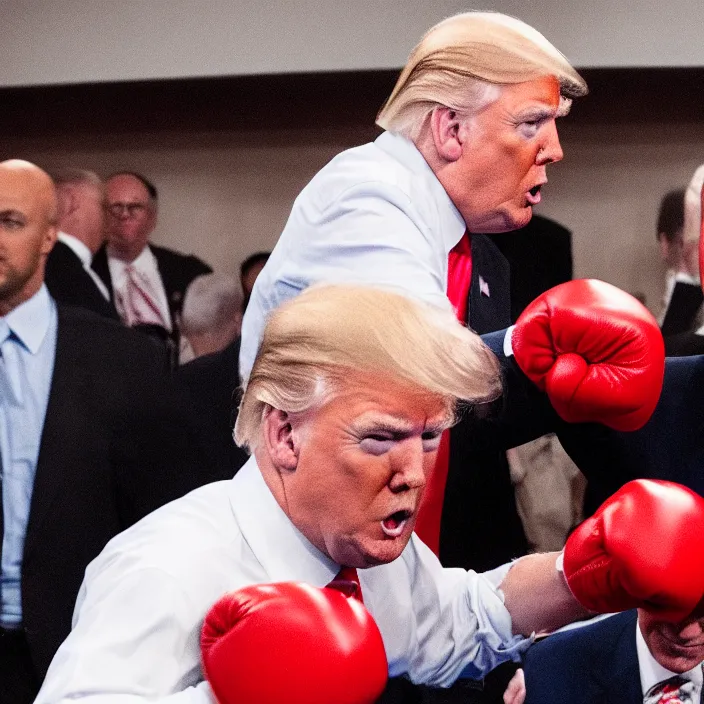 Prompt: donald trump in a boxing match with joe biden, high quality photo